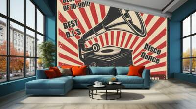 Retro party. Vintage gramophone on grunge background. Design elements for poster. Vector illustration Wall mural