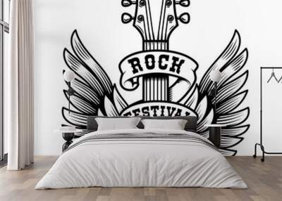 Rock festival. Guitar head with wings. Design element for poster, t shirt, emblem, sign, label. Wall mural