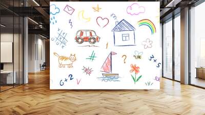 Scribble style set, objects drawn by child, house, sun, clouds, rainbow, plants, car, sailboat, tic-tac-toe, numbers. Children drawing with chalk Wall mural