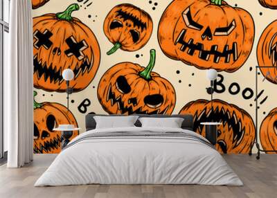 Seamless pattern with scary halloween pumpkins. Design element for poster,card, banner, sign, emblem. Vector illustration Wall mural