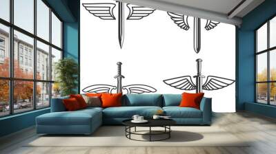 Set of emblems with medieval sword and wings. Design element for logo, label, sign. Wall mural