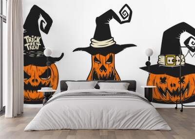 Set of Illustrations of scary halloween pumpkin in witch hats. Design element for poster,card, banner, sign, emblem. Vector illustration Wall mural