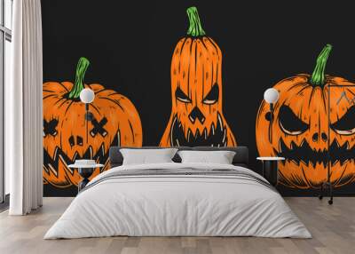 Set of Illustrations of scary halloween pumpkin. Design element for poster,card, banner, sign, emblem. Vector illustration Wall mural