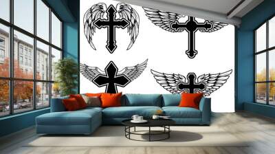 Set of illustrations of winged christian religious crosses. Design element for infographic, emblem, sign, poster, car, banner. Vector illustration Wall mural