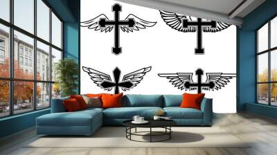 Set of illustrations of winged christian religious crosses. Design element for infographic, emblem, sign, poster, car, banner. Vector illustration Wall mural