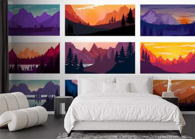 Set of poster template with wild mountains landscape. Design element for banner, flyer, card. Vector illustration Wall mural