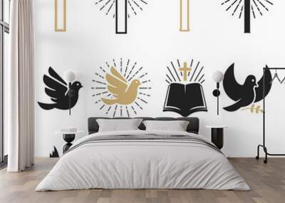 Set of religious signs. Cross with dove, holy spirit, bible. Wall mural