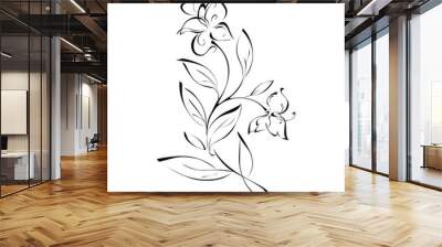 stylized twig with two flowers and leaves in black lines on a white background Wall mural