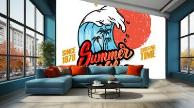 Summer vibes. Emblem template with sea waves and palms. Design element for poster, card, banner, sign, emblem. Vector illustration Wall mural