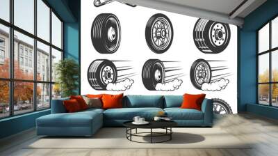 Tire service. Set of car tires illustrations isolated on white background. Design elements for logo, label, emblem, sign.Vector illustration Wall mural