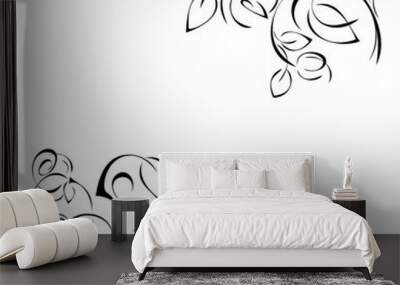 two ornaments of stylized twigs with rose flower buds, leaves and vignettes with black lines on a wh Wall mural