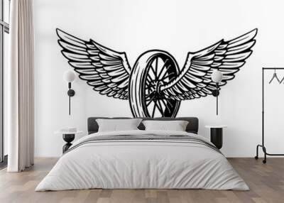 Vintage design with winged motorcycle wheel. For poster, banner, emblem, sign, logo. Wall mural