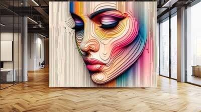 Young woman colorful eye makeup, wave and line, minimalist Wall mural