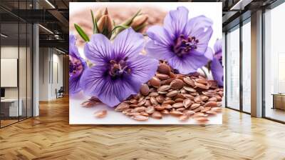 Flax seeds with flower isolated on white background. Concept of organic and vitamin oil. Wall mural