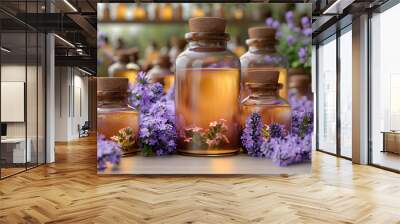 Glass bottles filled with lavender oil, extract, surrounded purple lavender flowers neatly arranged Wall mural