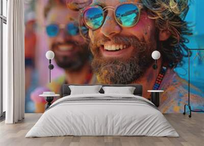 Men LGBT holi color wearing sunglasses colorful sweaters, holding ice cream cone together Wall mural