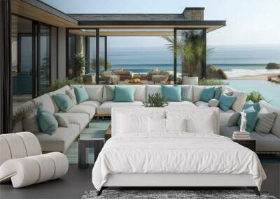 Modern summer outdoor terrace with bright designer furniture view of ocean and sea. Concept luxury Wall mural