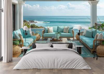 Modern summer outdoor terrace with bright designer furniture view of ocean and sea. Concept luxury Wall mural