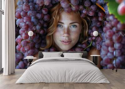 Portrait of young pretty beautiful woman holding bunch peeking through red grapes vineyard Wall mural