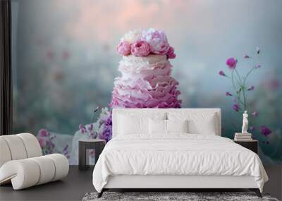 Romantic tiered wedding cake cascading ruffles shades purple pink, topped delicate pink peony Wall mural