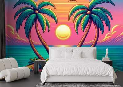 Sunset with two palm trees on small island, an orange sun sinking into sea, and seagulls distance Wall mural