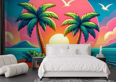 Sunset with two palm trees on small island, an orange sun sinking into sea, and seagulls distance Wall mural