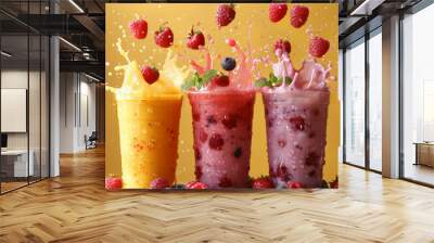 Three cups of colorful berry smoothies fruits yellow background. Refreshing summer drinks splashes Wall mural