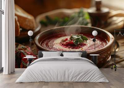 Warm earthenware bowl of beetroot soup, borsch visible swirl steaming cream. Culinary preparation Wall mural