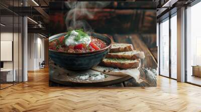 Warm earthenware bowl of beetroot soup, borsch visible swirl steaming cream. Culinary preparation Wall mural