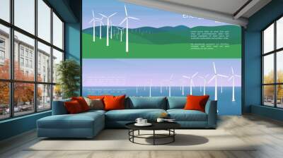 Banner wind turbines in mountains and ocean. The concept of alternative electricity production. Wind farms on natural background. Wall mural