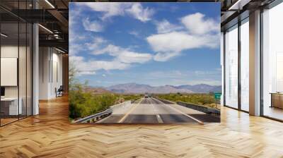 Beautiful blue sky with fluffy clouds over the highway on a spring day. Arizona sign. Scenic road in Arizona, USA on a sunny summer day. Arizona, USA - 17 April 2020 Wall mural