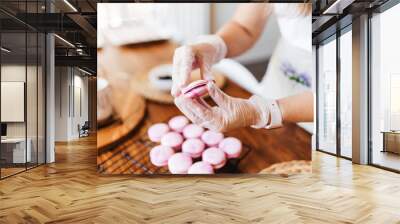 Female hands and two halves of pink macaroons with stuffing close-up. Cookie baking. Macaroons making Wall mural