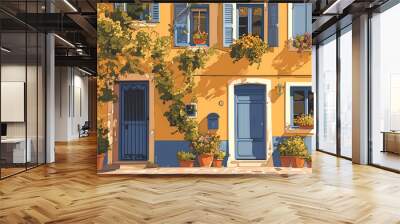 Illustration beautiful street with old historic houses, windows and flowers on the windowsills. Cute town cartoon style, bright colors. Wall mural