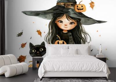 Watercolour cute pumpkin and witch, clipart isolated on a white background. Happy Halloween character with Jack lanterns, cat, horrible childish characters. Funny autumn fantasy illustration Wall mural