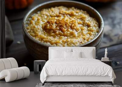 A bowl of pumpkin oatmeal with cinnamon sits on a rustic wooden table
 Wall mural