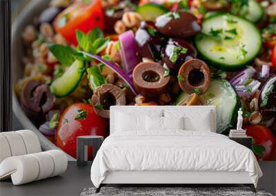 A fresh barley salad with cucumbers, tomatoes, red onion, olives, and herbs in a white bowl Wall mural