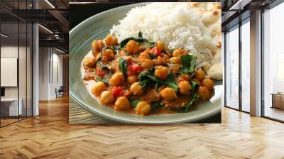 A plate of chickpeas, spinach, and rice is served on a table
 Wall mural