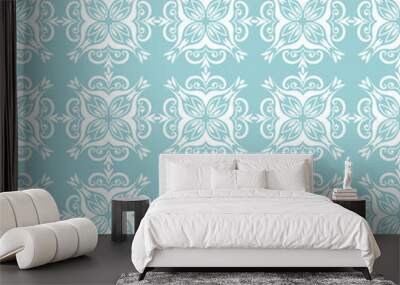 Floral seamless background. White design on blue backdrop Wall mural