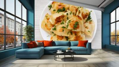 Homemade traditional polish fried potato pierogis on a white plate on a white wooden surface, top view. From above, flat lay, overhead. Closeup. Wall mural