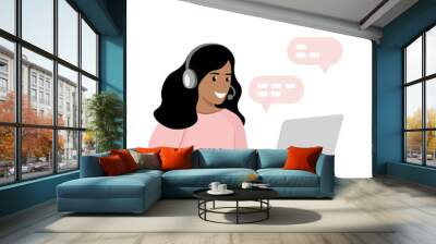 Indian girl in headphones with laptop, call center worker, online, home office, flat vector, isolated on white Wall mural