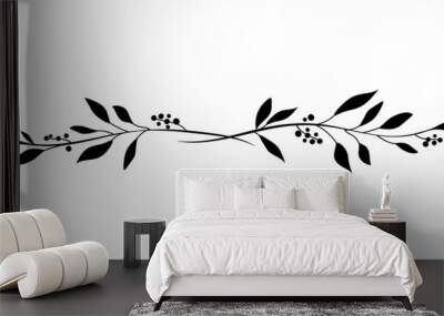 Monochrome elegant floral divider of two branches with leaves and berries. Logo element for laurel wreaths. Hand drawn line wedding grass leaves for invitation save the date card Wall mural