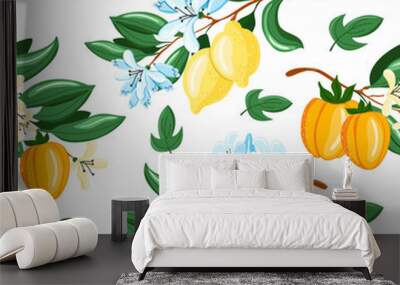 Tropical seamless pattern with flowers yellow lemon branch and orange on the white background. Fruit repeated background. Vector bright print for fabric brands packaging wallpaper. Wall mural