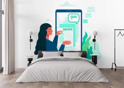 Concept of woman reading news on the smartphone, tablet online. Wall mural