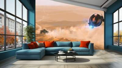 Alien tracker chases humans in the desert, digital painting, 3D illustration. Wall mural