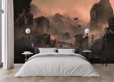 Apocalyptic destruction scene, 3D illustration Wall mural