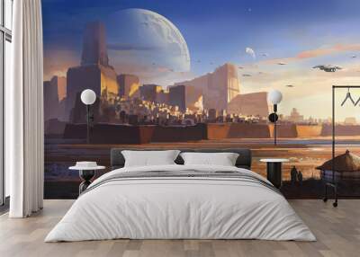 Desolate alien, desert castle, science fiction illustration, digital illustration,3D rendering. Wall mural