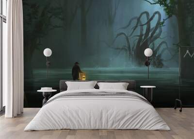 Octopus-shaped monster in the swamp, 3D illustration. Wall mural