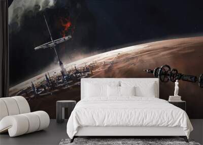 The spacecraft hovered over the alien base, 3D illustration. Wall mural