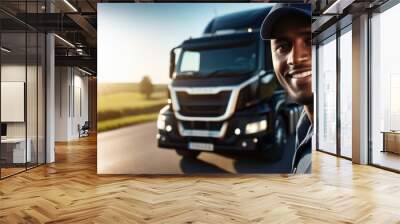 Banner with smiling dark-skinned driver on truck background with space for text. Transportation of goods, delivery, industrial cargo, freight. Logistics, supply chain of goods to the warehouse Wall mural