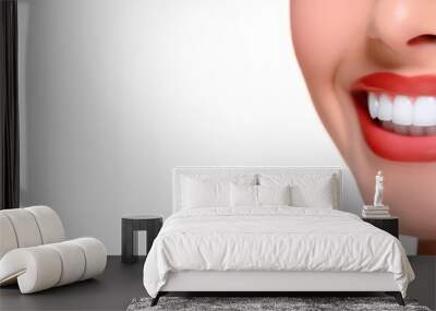 Close-up of a beautiful white smile of a woman on a white. Oral hygiene, teeth whitening, dentistry Wall mural